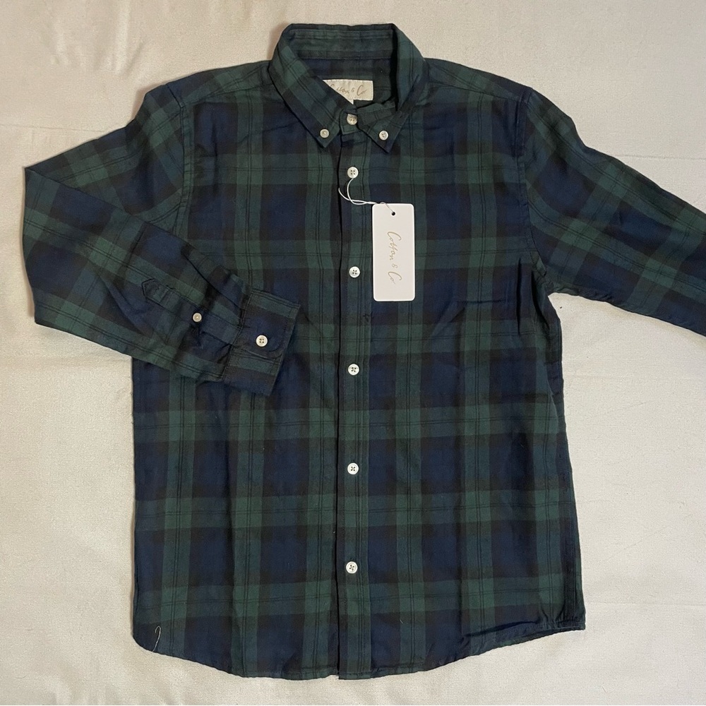 NWT New Cotton & Co Navy Green Tartan Plaid Flannel Shirt Size 12
